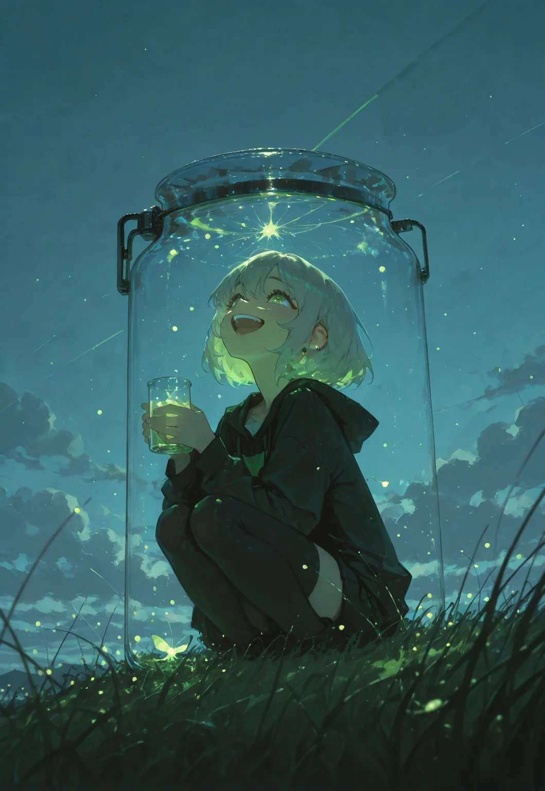 masterpiece, best quality, very aesthetic, absurdres, (anime coloring:1.2), ambient light, soft light, Yakan2g0u_illu, Rapscallionstyle, artist:moriimee, usnr,
ultra-detailed, 8K, illustration,CG, 1 girl, cute round face, short hair, happy, laughing, holding a glass jar with fireflies, focus on glass jar, looking up at fireflies, green glowing firefies, night sky, clouds, low angle, stars, grass on the ground,
high detail, sharp shading, centered composition, soft shadows