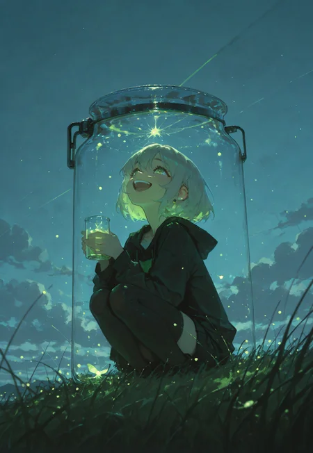 masterpiece, best quality, very aesthetic, absurdres, (anime coloring:1.2), ambient light, soft light, Yakan2g0u_illu, Rapscallionstyle, artist:moriimee, usnr,
 ultra-detailed, 8K, illustration,CG, 1 girl, cute round face, short hair, happy, laughing, holding a glass jar with fireflies, focus on glass jar, looking up at fireflies, green glowing firefies, night sky, clouds, low angle, stars, grass on the ground,
high detail, sharp shading, centered composition, soft shadows