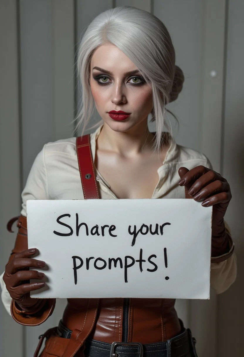 CiriW, ultra realistic photo of woman with fair skin and white hair styled in a loose bun, holding a sign that says "Share your prompts!", The woman has striking green eyes and is wearing makeup that accentuates their features, including bold eyeliner and red lipstick. She is dressed in a white top, a red strap across the chest, and a brown leather belt. (maximum ultra high definition image quality and rendering:3), maximum image detail, maximum realistic render, (((ultra realist style))), realist side lighting, , 8K high definition, realist soft lighting, (amazing special effect:3.5)
