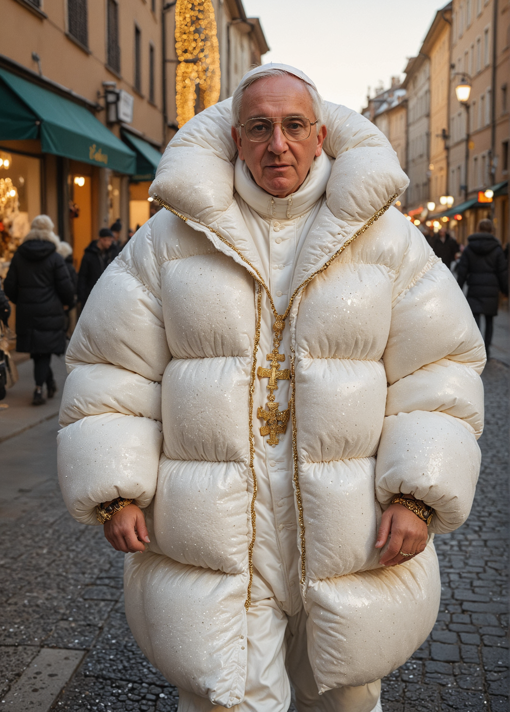 Hyperrealistic photograph of the pope dressed in a fluffy wide oversized gigantic fashionable white ((extra_puffy_jacket)), full body shot, glasses, street, jewelery, gold, bling bling, golden hour lighting, bokeh, Canon EOS R5, 50mm lens. 
(masterpiece, award winning artwork)
many details, extreme detailed, full of details,
Wide range of colors, high Dynamic
<lora:add-detail-xl:1>
<lora:WildcardX-XL-Detail-Enhancer:0.9>
<lora:zavy-cntrst-sdxl:0.045> dark, chiaroscuro, low-key
<lora:RMSDXL_Creative:0.7>
<lora:SDXLFaeTastic2400:0.085> 
 <lora:Puffer_Jacket_and_Down_Jacket_-_Extra_Puffy_Jackets:0.8>
((extra_puffy_hood)) ((extra_puffy_coat)) ((closed_hood)) ((fully_closed_coat)) ((rear_open_coat)) ((fully_down_hooded)) ((((Oversized sherpa padded down coat)))), ((((Oversized sherpa padded puffer coat)))), ((((Oversized sherpa padded winter clothes)))), ((((Very cold)))), ((((feet in the frame))))((((hood_in_the _frame)))) ((very_high_collar)) ((down_mits)) ((closed_collar)) ((high_down_neckbrace))