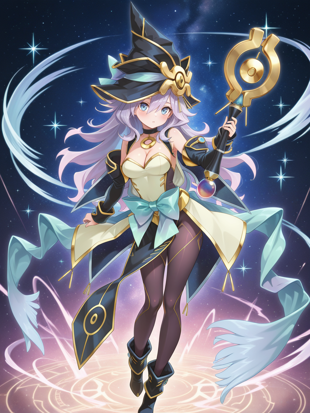 nightmare apprentice,1girl,solo,holding staff,staff,sparkle,looking at viewer,full body,medium breasts,cleavage,white leotard,black choker,black detached sleeves,black pelvic curtain,cyan bow,black bodystocking,starry background,black boots,black witch hat,
masterpiece,best quality,amazing quality,very aesthetic,absurdres,newest,<lora:Nightmare Apprentice illuXL v1:0.7>,