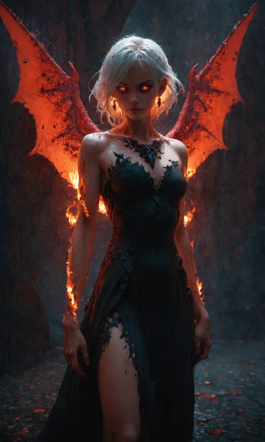 score_9, score_8_up, score_7_up BREAK female fire elemental, slender woman, ember glowing eyes, flame hair with white highlights, fire seraph, flame wings, fully clothed, vntblk magma dress