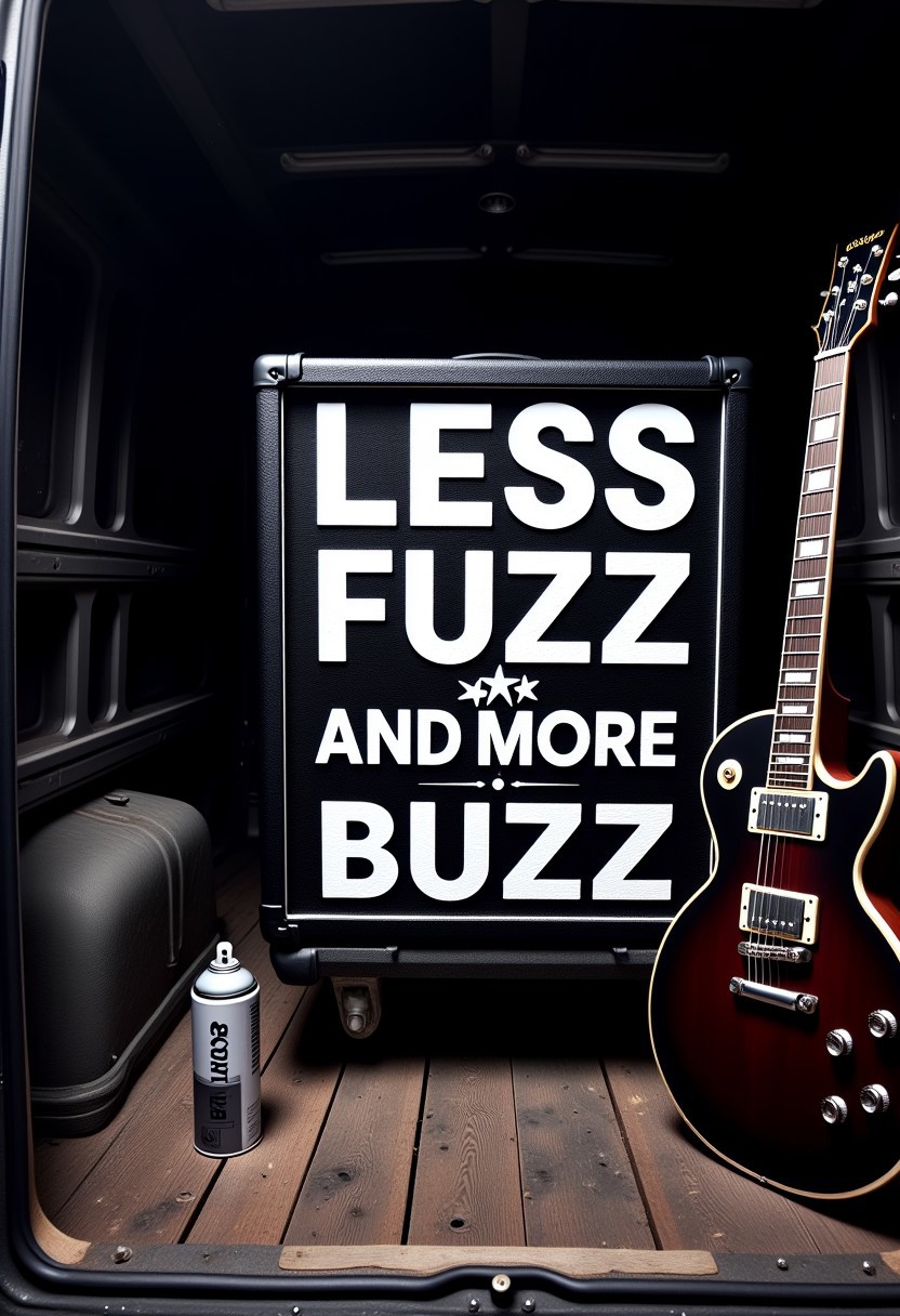 spraypainted Text : "LESS FUZZ AND MORE BUZZ",, (((BUZZ_GENERATOR))), BUZZ SIGN on guitar amplifier , punkrock band gear, less_fuzz_more_buzz_sign, correct text, proper spelling, guitar leaning against the amp, hand spray painting letters, in the back of a tour van