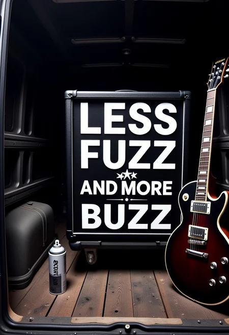 spraypainted Text : "LESS FUZZ AND MORE BUZZ",, (((BUZZ_GENERATOR))), BUZZ SIGN on guitar amplifier , punkrock band gear, less_fuzz_more_buzz_sign, correct text, proper spelling, guitar leaning against the amp, hand spray painting letters, in the back of a tour van
