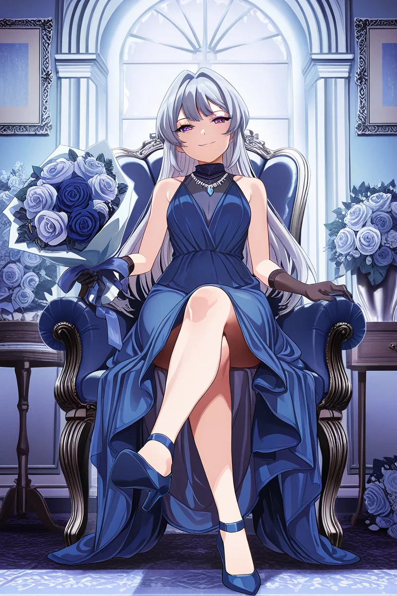 masterpiece, best quality, amazing quality,
<lora:Akira_IL:1> akira, 1girl, dress, flower, solo, long hair, gloves, sitting, bouquet, purple eyes, blue dress, blue footwear, necklace, jewelry, looking at viewer, rose, smile, high heels, grey hair, black gloves, indoors, full body, chair, crossed legs, sleeveless dress, sleeveless