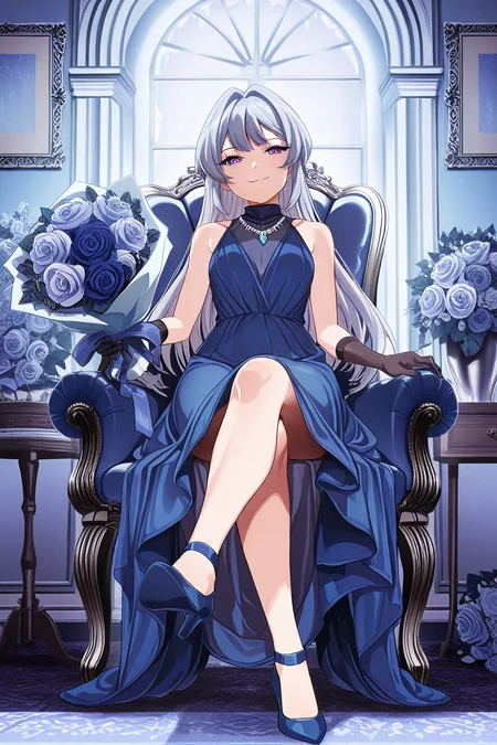 masterpiece, best quality, amazing quality,
<lora:Akira_IL:1> akira, 1girl, dress, flower, solo, long hair, gloves, sitting, bouquet, purple eyes, blue dress, blue footwear, necklace, jewelry, looking at viewer, rose, smile, high heels, grey hair, black gloves, indoors, full body, chair, crossed legs, sleeveless dress, sleeveless
