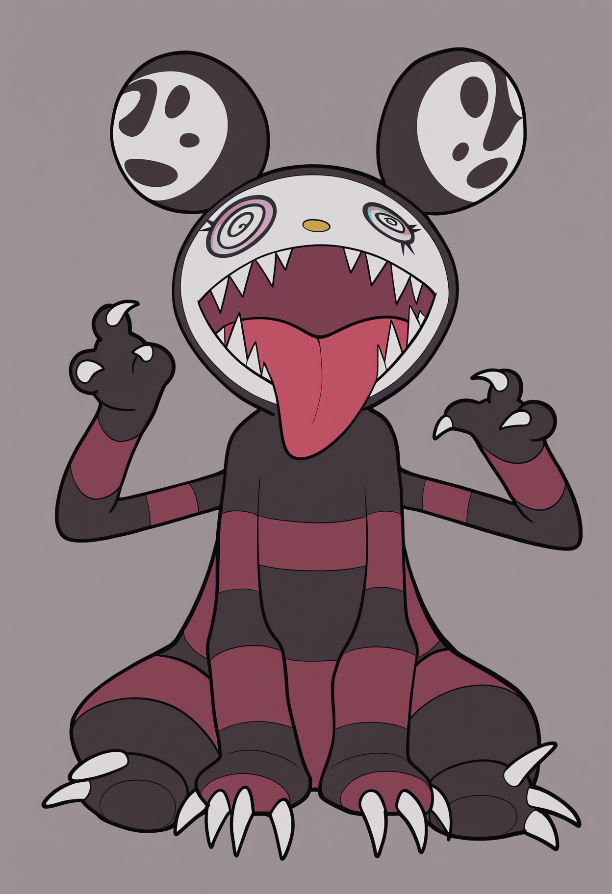 masterpiece, best quality, highres, absurdres, flat color, sitting, furry, no humans, black eyes, @_@, goth, emo, claws, solo, pokemon \(creature\), extra arms, extra eyes, sharp teeth, sharp fingernails, tongue out, 
 <lora:murakami_ill:1>