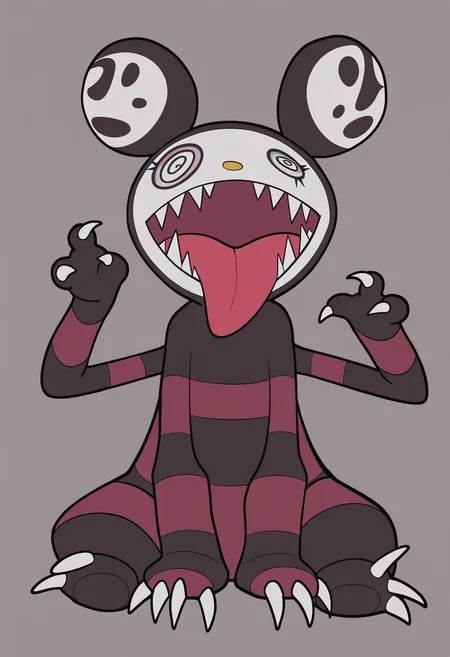masterpiece, best quality, highres, absurdres, flat color, sitting, furry, no humans, black eyes, @_@, goth, emo, claws, solo, pokemon \(creature\), extra arms, extra eyes, sharp teeth, sharp fingernails, tongue out, 
 <lora:murakami_ill:1>
