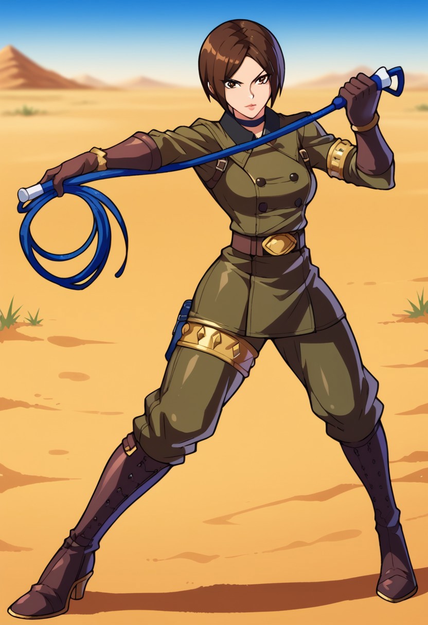 1girl, solo, score_9, score_8_up, score_7_up, masterpiece, high quality, anime, 2d, cute face, lips,
whipKOF, brown hair, short hair, brown eyes, choker, uniform, military, military uniform, braclet, brown gloves, pants, brown boots, high heels, whip, holding whip, fighting stance, holding,
desert, field, empty,