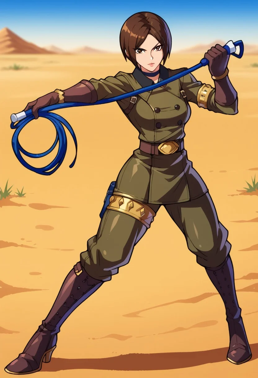 1girl, solo, score_9, score_8_up, score_7_up, masterpiece, high quality, anime, 2d, cute face, lips,
whipKOF, brown hair, short hair, brown eyes, choker, uniform, military, military uniform, braclet, brown gloves, pants, brown boots, high heels, whip, holding whip, fighting stance, holding,
desert, field, empty,