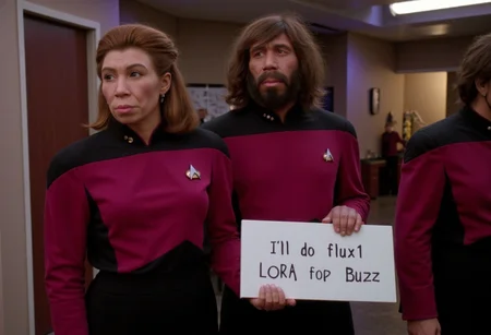 A neanderthal man and a neanderthal woman enter in a bar. Surreal cyberpunk background. Neanderthal man dressed in TNG uniform,neandertal woman wear a futuristic TNG uniform. Neanderthal man holding a sign that say "I'll do Flux1 LORA for Buzz",