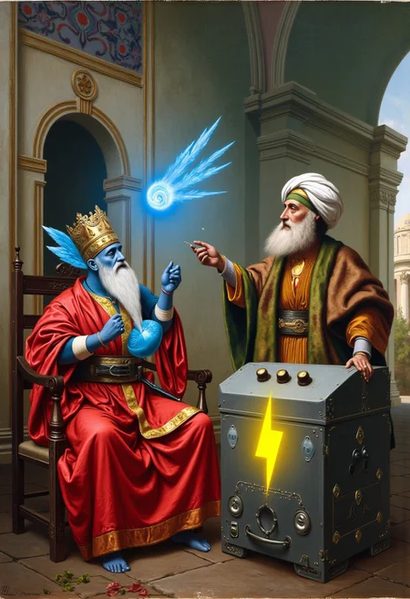 The scene is a the throne room of the Sultan during the Ottoman Empire, as depicted in a 19th-century Orientalist oil painting by Jean-Leon Gerome. The luxurious throne room has walls covered in colorful mosaics with Arabic designs, and the windows and doorways are decorated with Arabic architectural details. The traditional media oil painting depicts a genie with blue skin floating in front of the Sultan. The Sultan is an old man with a long white beard wearing colorful traditional Arabic clothing in elegant fabrics of silk and damask, with a large turban. The genie is talking with the Sultan, gesturing toward a large, futuristic box nearby. The futuristic metal box made of alien technology has a glowing yellow lightning bolt symbol on the side (the Civitai Buzz logo).