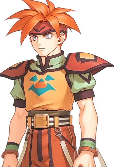 score_9, score_8_up, score_7_up, source_furry, FMW1, 1boy, (gradient eyes:1.5), terranigmark, spiky orange hair, pauldrons with faces, jeweled headband, print shirt, green sleeves, bracelets, belt with dangling straps, red baggy pants, fe10portraits, portrait, white background