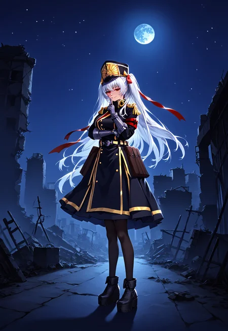 safe_pos, 1girl, solo, highres, rcaltair, two side up, white hair, red eyes, hair ribbon, hair intakes,
military uniform, black jacket, high collar, epaulettes, armband, gauntlets, grey gloves, belt, shako cap, platform footwear, shoes, full body,
looking at viewer, large breasts, shushing, finger to mouth, index finger raised, light smile, half-closed eyes, naughty face, wide shot,
night, night sky, moon, moonlight, ruins, post-apocalypse, overgrown, starry sky, backlighting, silhouette,