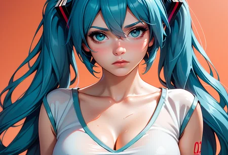 score_6_up,score_5_up,score_4_up,1girl,hatsune miku,solo,long hair,breasts,looking at viewer,shirt,hair ornament,hair between eyes,twintails,very long hair,closed mouth,blue hair,collarbone,white shirt,[upper body:0.7],aqua eyes,blue hair,frown,orange background,gradient background,red background,<lora:Hatsune_Miku_for_SDXL_V1.0:1>,cleavage,