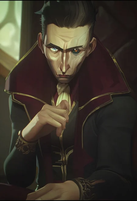 score_9, score_8_up, score_7_up, score_6_up,
s1lc0 , Silcochembarons, Silco /(league of legends arcane/), solo, looking at viewer, short hair, bangs, blue eyes, shirt, black hair, long sleeves, 1boy, sitting, closed mouth, jacket, yellow eyes, upper body, male focus, hand up, blurry, black jacket, ascot, heterochromia, colored sclera, scar across eye, black sclera ,/(league of legends arcane/),