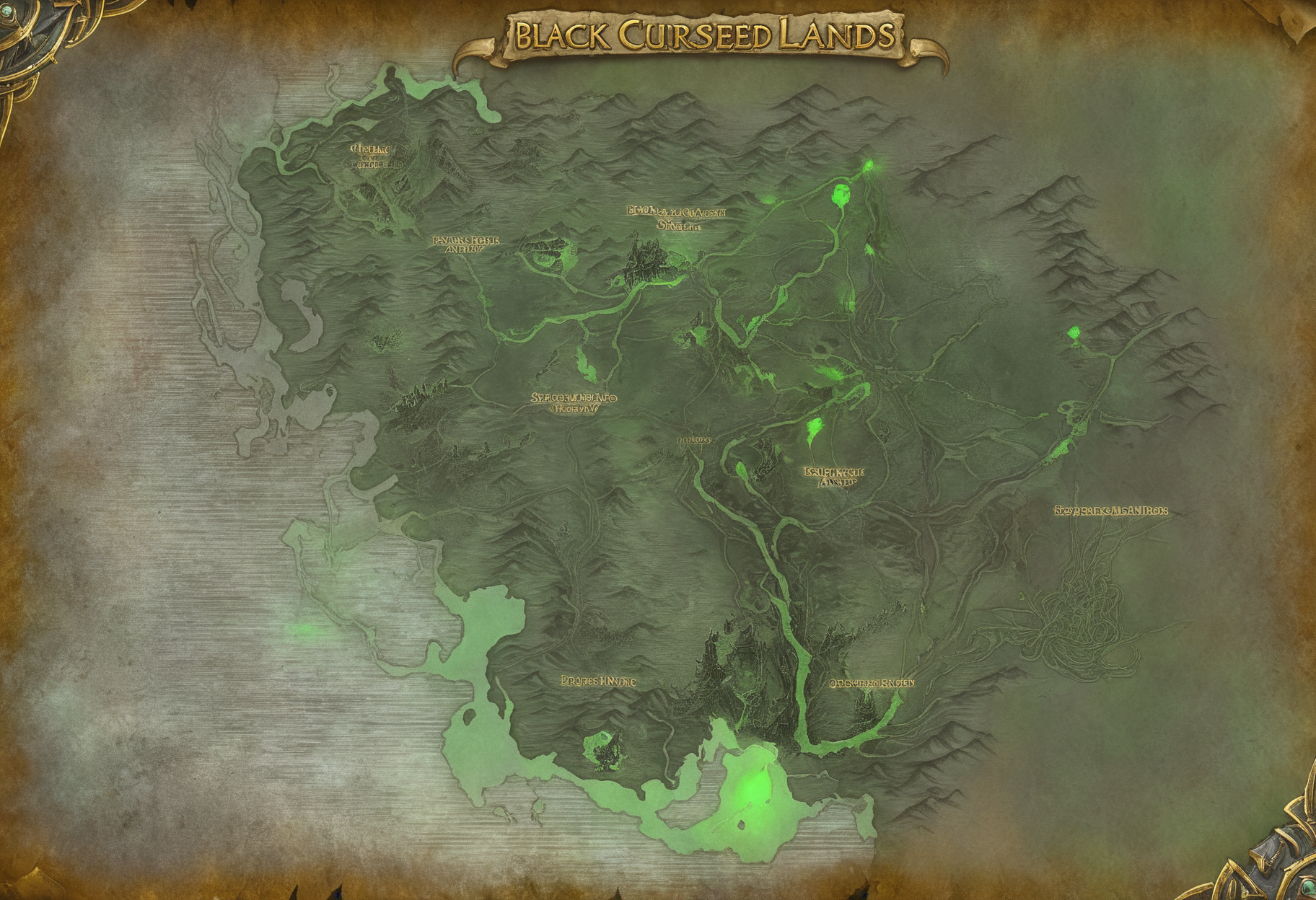 map of black cursed lands with green glowing rivers<lora:sxz-wowmap-civit-sdxl:0.75>