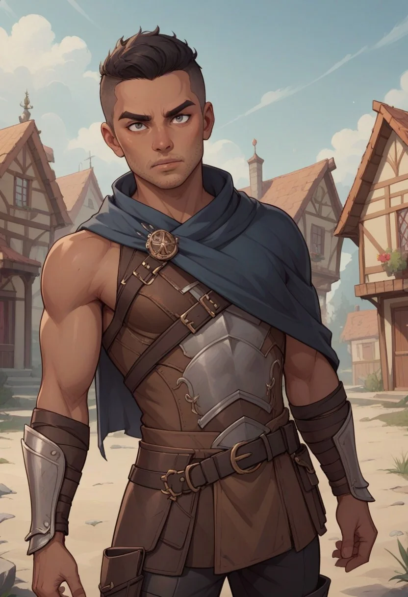 score_9, score_8_up, score_7_up, score_6_up, BREAK 1man, young, indian brown skin boy, medium brown skin, stubble, slightly narrow eyes, thick natural eyebrows, black hair, undercut, man bun, black hair, stubble, athletic body, fantasy assassin, wearing sleeveless dark grey inner tunic, dark brown light weight leather armour, black pants, dark brown leather belt with pouches, dark grey cloak,((dynamic pose)),
BREAK standing, small fantasy town background, night time, volumetric light, cowboy shot halfbody portrait