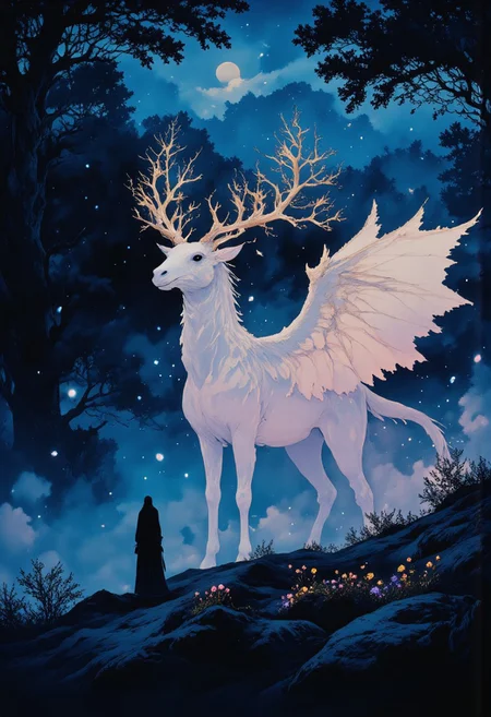 In the heart of an ancient, mystical forest, bathed in the eerie glow of a moon concealed behind thick, swirling clouds, strides a colossal dragonhound with translucent beautiful woven antler. Its massive paws thunder across the moss-covered ground as it moves effortlessly through the landscape, its transparent body nearly vanishing in the vast expanse of stars above. The creature’s form is translucent, barely visible against the endless cosmic canvas, with starlight piercing through its ethereal silhouette, casting a soft glow from within. The dragonhound’s faintly shimmering body takes on hues of deep blue and violet, refracting the distant starlight as it moves.
Soft, iridescent mushrooms, glowing faintly in deep purple and emerald hues, sprout from the back of the massive beast, casting brief flickers of light that dance across the shadows of the forest floor. Its eyes, luminous and full of ancient wisdom, gleam as they gaze out from the shifting form, reflecting the brilliance of distant galaxies.
The forest around it stretches endlessly, a labyrinth of twisted, ancient trees wrapped in dark, velvety moss, their branches reaching toward the sky like shadowed fingers. Hints of deep turquoise and dark purple swirl in the air, blending into the atmosphere, as though the entire realm is bathed in a palette of deep, enchanted twilight. The dragonhound’s silhouette moves gracefully through this dreamlike landscape, a serene giant in the midst of the cosmic night.