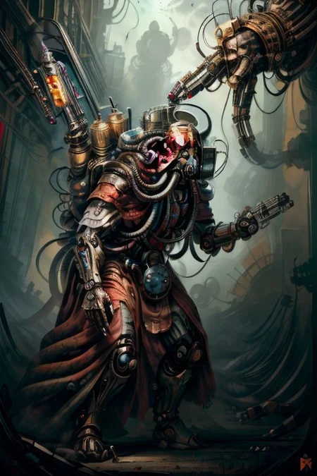 ((masterpiece,best quality)), absurdres, BREAK
mechanical arms, robes, hood, BREAK
((techpriest)), cyborg, mechanical face, mechanical limbs, gas mask, mechanical tentacles, (mechanical backpack), blue cloak, BREAK
1other, solo, holding gun, weapon, gun, firearm, BREAK
(MahabharataPunkAI),