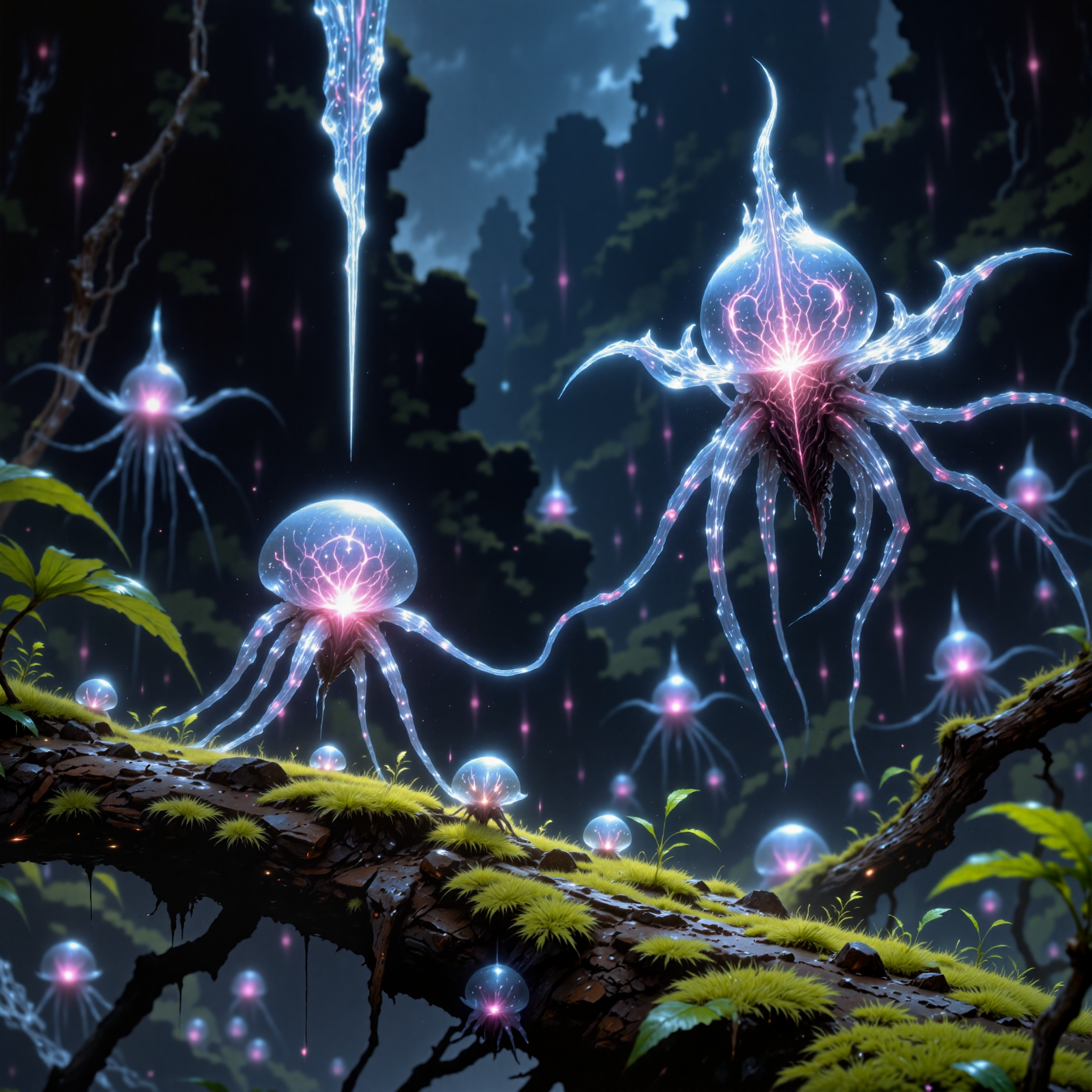 award-winning macro photo, short depth of field, hyper realistic, dim lighting, at night, bioluminescence, subsurface scattering, the elusive "absent-minded tilvjumper" is a gelatinous, semi-translucent blobiform, often found perched on the spindly stalks of the dripping "fogweaver moss" in the mist-cloaked wetlands of the remote world "plurmous ix". each drizzlepods crest is adorned with intricate frondal patterns that pulsate in mesmerizing chromoglowic displays. these tiny creatures feed on the microplumes of energy-rich vapors that rise from the moss itself, their gelatinous forms stretching and warbling with a surprising whammled elasticity. the habitat, an endless sea of mist, shimmering mossy stalks, and reflective dewbyglobules, creates an eerily serene, snorpeling spectacle, highly detailed, intricate, detailed background, golden ratio, arsmjstyle, dnddarkestfantasy, in the style of ck-ovf, aidmafluxpro1.1, 
<lora:epic_gorgeous_details-balance-flux-by_flyway:0.44> 
<lora:style-mythic_fantasy-v2-flux-by_velvets:1.0> 
<lora:style-oneviolentfantasy-ep21-flux-by_chronoknight:0.76> 
<lora:flux_pro1.1_detailer-v0.2-flux-by_aidma:0.56>