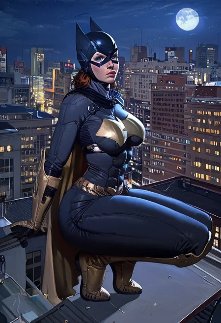score_9, score_8_up, score_7_up, 1girl, solo, voluptuous, thick thighs, tanlines, arched back, crouching, clothed, at night, moon, on rooftop, bats flying,
batgirlbg,blue eyes,brown hair,
bodysuit,mask,cape,armor,helmet,serious,looking at viewer,
night, rooftop, cityscape, Joburg,
solo,<lora:batgirlBGXL-11:1>,