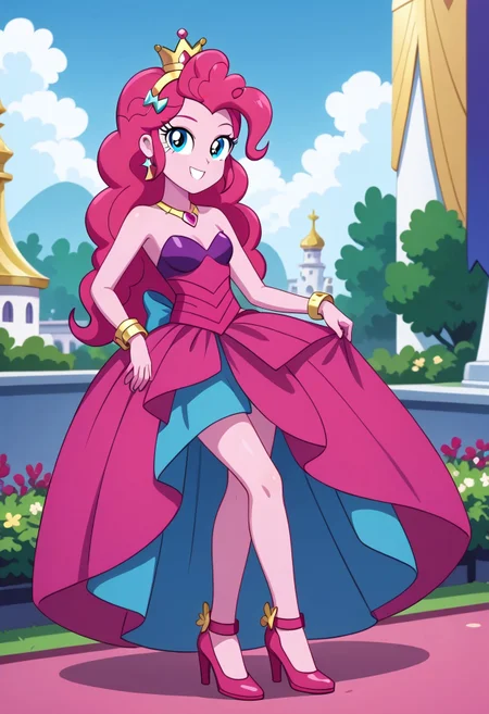 score_9, score_8_up, score_7_up, score_6_up, from My Little Pony Equestria Girls, a very young little human girl Pinkie_Pie wearing a fit blue|sky|green|brown|darkpurple|red|yellow gradients colors short princess dress, elegant detailed princess shoes, solo, 1girl, little princess girl, gradient dark pink hair with crown hairband, smile, childhood, looking at viewer, glow detailed eyes, garden of canterlot, tul, chiffon, laces, semi realistic cartoon, unreal engine 5, full body close-up, absurdres, digital art, soft light, perfect hands, perfect, hands, perfection, soft pink skin, skyblue eyes, party accesories and shoes, jewelry, tres chic,<lora:age_slider_v4:-4>,