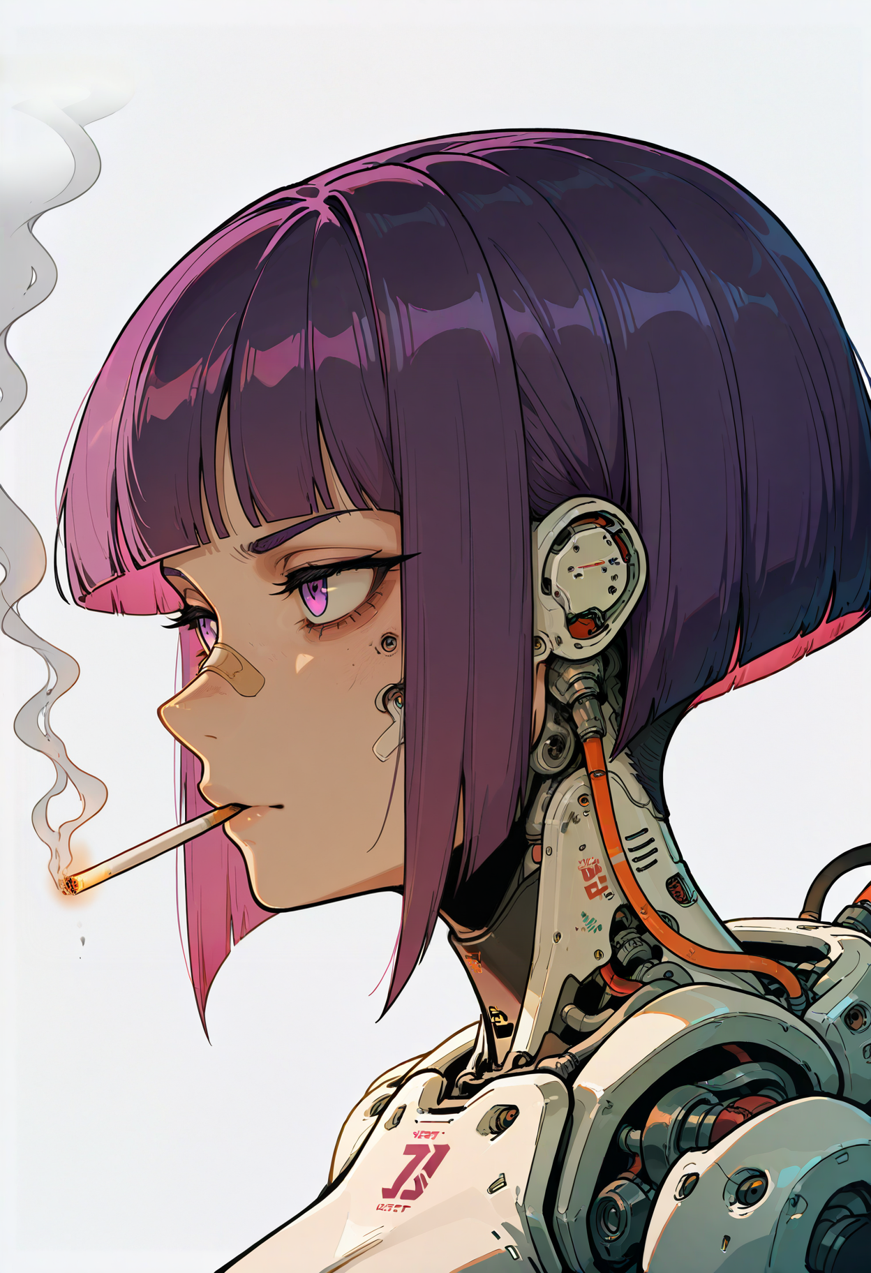 <lora:HeavyTechILXL:1> h3avyt3ch,
cables attached to body, 1girl, solo, short hair, simple background, white background, purple eyes, purple hair, blunt bangs, from side, profile, bob cut, portrait, bandaid, smoke, cigarette, bandaid on face, smoking, android, cable, bandaid on nose, mechanical_parts, masterpiece, best quality, amazing quality, intricate detail, highly detailed, absurdres, very aesthetic, dynamic lighting, detailed background, scenery, (volumetric lighting)