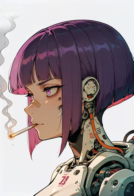 <lora:HeavyTechILXL:1> h3avyt3ch,
cables attached to body, 1girl, solo, short hair, simple background, white background, purple eyes, purple hair, blunt bangs, from side, profile, bob cut, portrait, bandaid, smoke, cigarette, bandaid on face, smoking, android, cable, bandaid on nose, mechanical_parts, masterpiece, best quality, amazing quality, intricate detail, highly detailed, absurdres, very aesthetic, dynamic lighting, detailed background, scenery, (volumetric lighting)