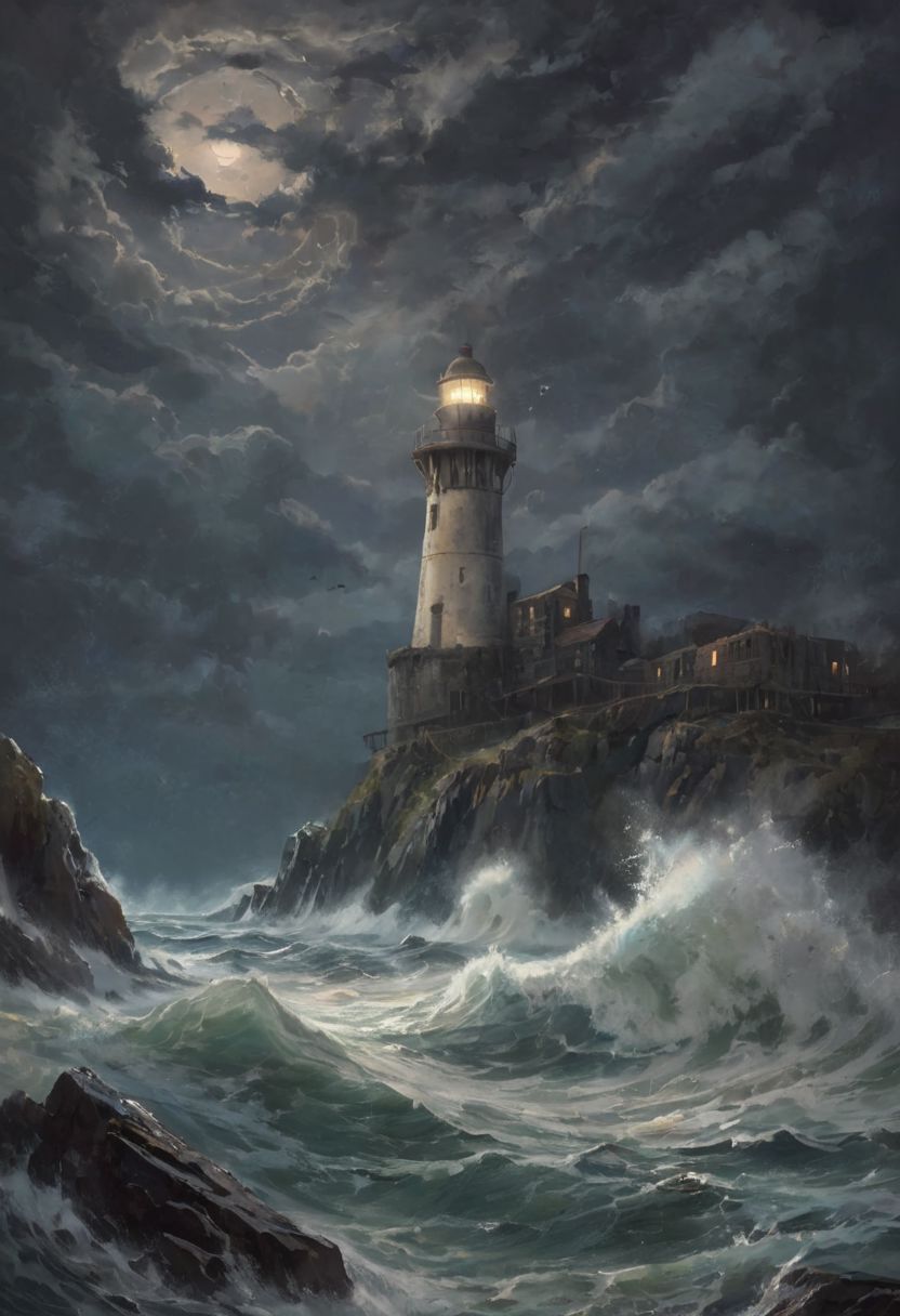 Under the pale light of the full moon, a lone lighthouse stands tall against the darkened sky, its beacon casting a guiding light over the restless sea below. In the distance, a battered galleon lies wrecked upon the rocky shores, its masts splintered and sails torn asunder. The waves crash against the jagged cliffs with an ominous roar, echoing the tumultuous history of the shipwrecked vessel. Despite the tranquil beauty of the moonlit night, there's an air of mystery and danger that hangs heavy in the salty sea air. The lighthouse stands as a silent sentinel, its light a beacon of hope amidst the darkness, yet serving as a haunting reminder of the perilous journey that awaits those who dare to brave the treacherous waters. In this haunting scene, the sea becomes a silent witness to the passage of time, its depths holding the secrets of countless shipwrecks lost to the depths below, moonlit night.romantic impressionism, dream scenery art, beautiful oil matte painting, romantic, style of thomas kinkade, beautiful digital painting, anime landscape, romantic painting, thomas kinkade style painting, dreamlike digital painting, colorful painting, beautiful gorgeous digital art, style thomas kinkade