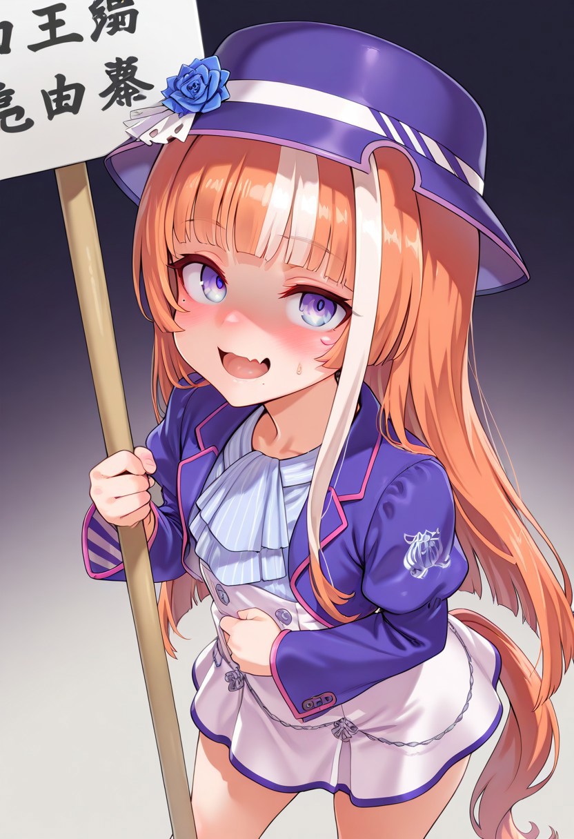1girl,anime coloring,((((akikawa yayoi \(umamusume\),aged down,character costume)))),official style,smile,fang,long sleeves,dress,striped,blue rose,white dress,blue jacket,striped bowtie,bangs,blue eyes,brown hair,eyebrows visible through hair,long hair,very long hair,multicolored hair,streaked hair,white hair,skin fang,simple_background, skindentation, skirt, smile, solo, standing, tail, thighs, tilted_headwear, linea_alba, long_hair, long_sleeves,, solo, (need_buzz, holding sign with another hand), shaded face, fake smile, nervous sweat, wavy mouth, brown eyes, hair clip, , squatting, looking at viewer, , very awa, anime, contrapposto, artist:asanagi, from above, mole under eye, mole under mouth, short ponytail, single side lock,hat,standing,high quality,best quality, amazing quality,
absurdres, very aesthetic, newest, HDR, high detail RAW color art,
intricate details, hyper aesthetic, incredibly absurdres, highres,
BREAK,