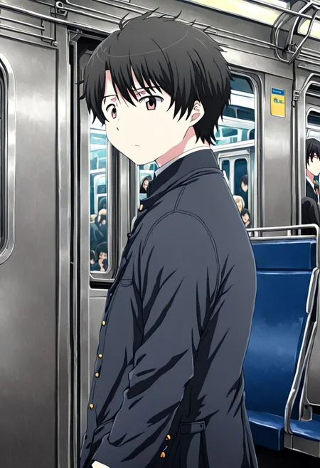 high resolution, solo, best quality, 1Boy, Inaho Kaizuka, Black Hair, train, inside train, OverallDetail