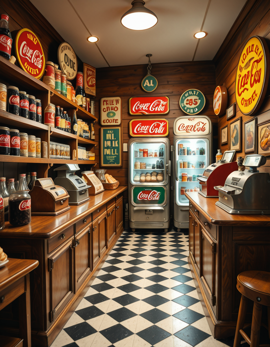 A vintage 1950s grocery store filled with nostalgic details. Wooden shelves neatly stocked with classic canned goods, glass soda bottles, and colorful retro packaging. An old-fashioned cash register sits on the wooden counter, next to a small scale for weighing produce. The checkered black-and-white tile floor adds to the mid-century charm, while hand-painted signs on the walls advertise milk, bread, and coffee in bold, retro fonts. A display of penny candy in glass jars sits near the entrance, and a vintage Coca-Cola refrigerator hums in the background. Soft, warm lighting casts a nostalgic glow over the scene, enhancing the rich textures of wood, glass, and metal, capturing the essence of a bygone era.
<lora:SDXLFaeTastic2400:0.4> <lora:extremely_detailed:0.4> extremely detailed
,1950s grocery st0r3, <lora:1950s_grocery_st0r3-i:1>, Masterpiece,best quality,hi res,8k,hi res,8k,award winning,(sharp focus, intricate, highly detailed),