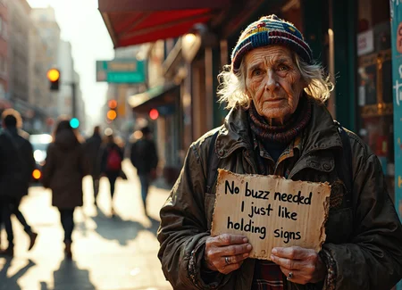 Hyper-realistic portrait of an elderly homeless woman standing on a bustling city street corner. Her weathered face is etched with deep wrinkles, telling a story of hardship and resilience. Her eyes, though tired, sparkle with a hint of mischief. Her silver-gray hair is disheveled, partially covered by a faded, multicolored knit cap. She wears multiple layers of mismatched, worn clothing - a threadbare sweater over a flannel shirt, topped with a oversized, patched jacket. Her hands, gnarled and callused, firmly grasp a piece of tattered cardboard with the message "No buzz needed I just like holding signs" written in shaky but legible black marker. The cardboard's edges are frayed and softened from frequent handling. The woman's posture is slightly stooped but dignified. The background is a blur of urban activity - pedestrians rushing by, traffic lights changing, and store fronts glowing in the late afternoon light. Shafts of golden sunlight cut through the scene, casting long shadows and highlighting the textures of the woman's clothing and skin. The overall image is sharp and crisp, with every detail from the cracks in the sidewalk to the individual fibers of her clothing rendered in stunning clarity. The color palette is rich and vibrant, emphasizing the contrast between the woman's earthy tones and the colorful city backdrop.