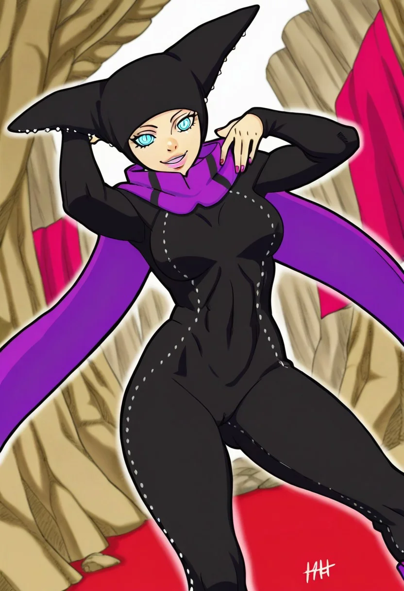 MatsuriGodTreeBTBV, 1girl, solo, black headwear, striped eyes, pink lips, large breast, black studded bodysuit, striped four-pointed magenta collar, black studded hood, purple rinnegan, thick thighs, high-heeled ankle boots, pink nails,
,seductive pose, sexy pose, tease,
masterpiece, best quality, ultra-detailed, very aesthetic, detailed background, very aesthetic, newest, scenery, highres, 4k, absurdres, 8k, colorful,vibrant, glowing, perfect face, 2d, perfect eyes, detailed eyes,
masterpiece, best quality, ultra-detailed, very aesthetic, newest, scenery, absurdres, perfect anatomy, , perfect face, perfect eyes, mature body, clear eyes, beautiful eyes, athletic, curvy body, athletic girl, perky tits, perfect tits, round breasts, pinup pose, teasing, lustful expression,
muscular female, dutch angle,
,naughty smile,
,detailed eyes,Smooth Negative, highres, absurdres, uncensored, m4s4sh1