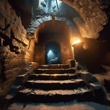 cinematic photo wide angle, underground dungeon, staircase in atlantis, dim hallway, pbr texture oldstone, (masterpiece,best quality:1.6),Fearful, Contax G1/G2 Camera ,film camera, , cracked weathered, ( torch fire light:1.1), fantasy setting, details
 <lora:sandstone-SDXL-m:1> . 35mm photograph, film, bokeh, professional, 4k, highly detailed