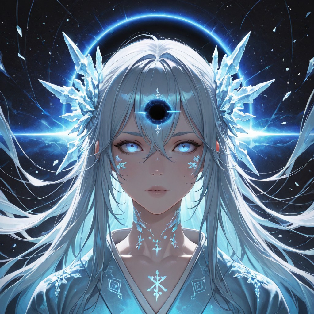 masterpiece,best quality,amazing quality,absurdres, BREAK 
1girl, light blue kimono, floating snowflakes, glowing light blue cracks, starless sky, black hole backdrop, eldritch runes, chains (broken), ice magic, pale skin, glowing blue eyes, floating debris, apocalyptic aura, portrait: symmetrical framing, cosmic horror, anti-gravity hair, white hait, long hair,  reality distortion, forgotten civilization