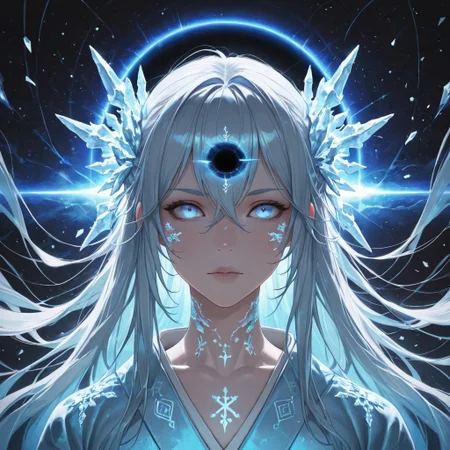 masterpiece,best quality,amazing quality,absurdres, BREAK
1girl, light blue kimono, floating snowflakes, glowing light blue cracks, starless sky, black hole backdrop, eldritch runes, chains (broken), ice magic, pale skin, glowing blue eyes, floating debris, apocalyptic aura, portrait: symmetrical framing, cosmic horror, anti-gravity hair, white hait, long hair, reality distortion, forgotten civilization