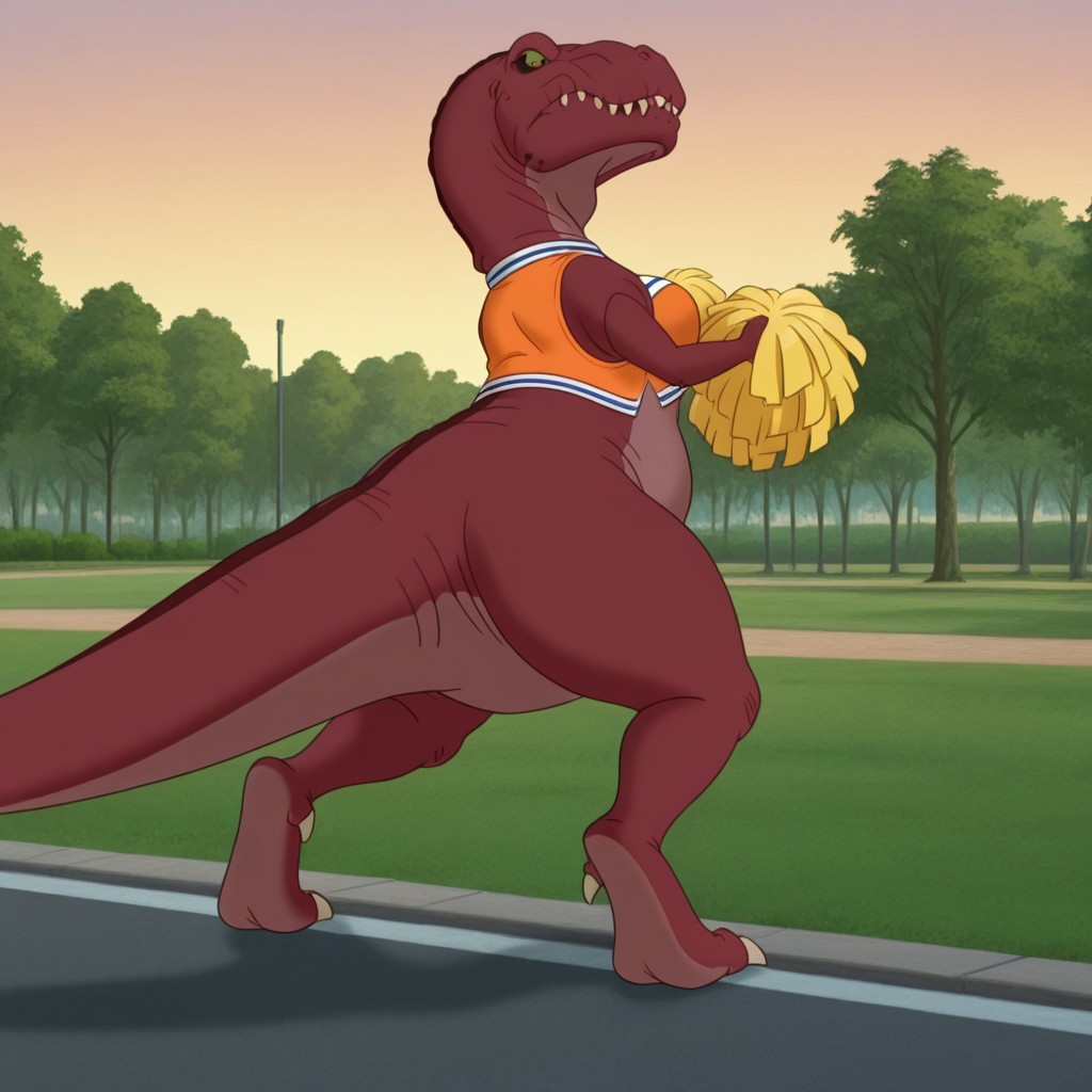masterpiece, best quality, amazing quality, Tyrannosauruslbtil, feral, Tyrannosaurus rex, cheerleader costume, in a park, full body