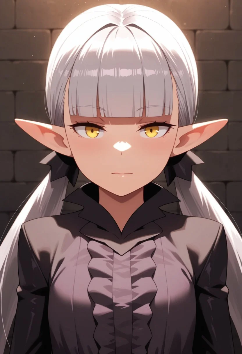 masterpiece,best quality,amazing quality, belzebuth, grey hair, pointy ears, twintails, elf, yellow eyes, 1girl, solo, long hair, looking at viewer, blunt bangs, low twintails, upper body, closed mouth, dress