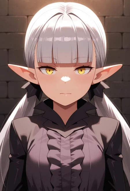 masterpiece,best quality,amazing quality, belzebuth, grey hair, pointy ears, twintails, elf, yellow eyes, 1girl, solo, long hair, looking at viewer, blunt bangs, low twintails,  upper body, closed mouth, dress