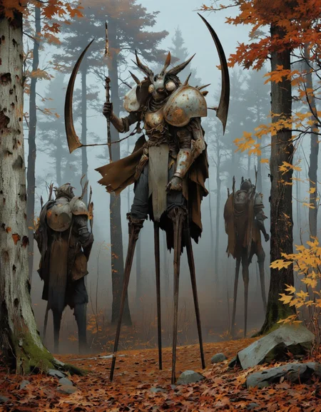 Art by Piotr JabÅoÅski. A digital illustration shoot from below about a stylized humanoid figure standing on stilts amidst a misty forest with autumn leaves scattered around. the image also shows two humanoid figures, one standing on the left and one on the right, both wearing armor and holding weapons, in a dynamic pose. on the middle of the image, a humanoid figure appears to be standing, wearing a form-fitting, metallic armor with spikes and spikes on its body, holding a long, curved weapon. the figure is facing the viewer, with a neutral expression, and has a pair of horns on their head. on either side of the humanoid figure, another humanoid figure is standing, also holding a weapon, and is also wearing armor. the background features tall trees with a foggy atmosphere, and the scene is surrounded by autumn leaves in various shades of red, orange, and yellow.