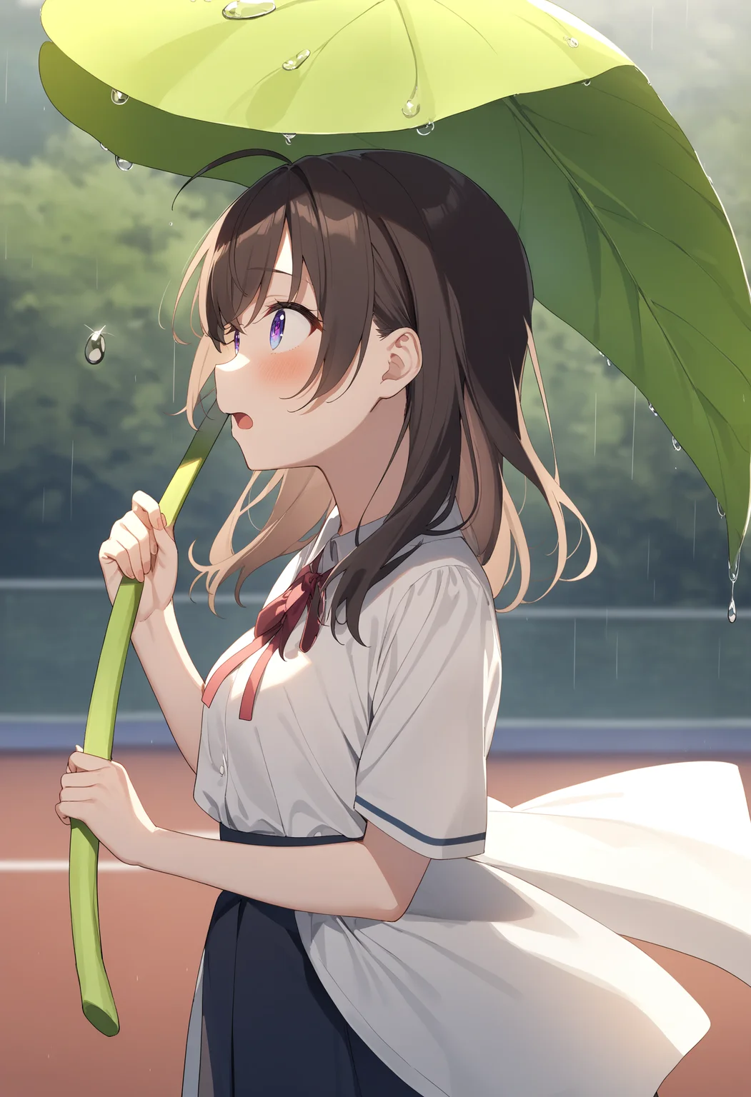 1girl,sincos, ningen mame, toosaka asagi,solo,medium breasts,
leaf umbrella, holding leaf, water drop, rain, outdoors, <lora:leafumbrella_XL_v1:0.8>
from side, cowboy shot, looking ahead, brown hair, purple eyes,scared, tennis courts, open mouth, disheveled hair,,
best quality, very aesthetic, absurdres