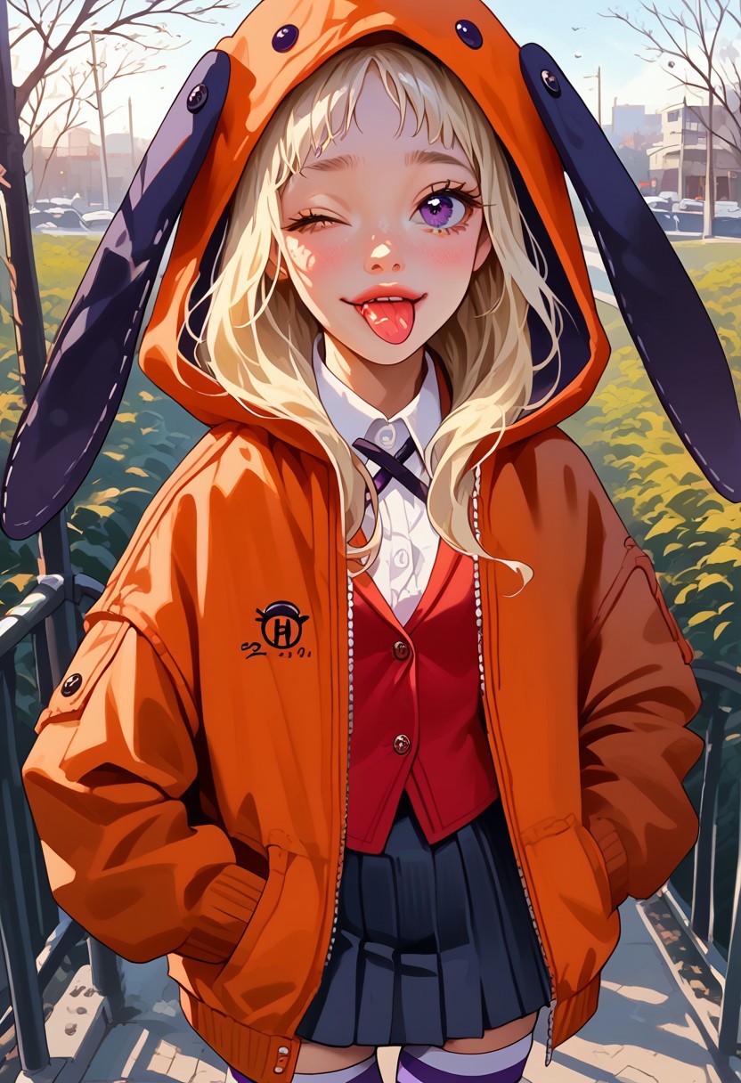 score_9, score_8_up, score_7_up, score_6_up, rating_explicit, realistic, solo focus, a woman, perfect cute face, natural breasts, looking at viewer,
nat, thick lips,  1girl, solo, breasts, ,upper view , , solo, add detailed eyes,portrait , cold soft lighting, well-lit, shiny skin, perfect thin waist, perfect round ass, perfect reflection, perfect lighting, perfect shadows, source_anime, cute 18 year old girl, big eyes, looking at viewer, small breasts, (, Runa, blonde hair, purple eyes, orange hooded jacket, white shirt, animal hood, red blazer, pleated skirt, striped thighhighs, hands in pockets, outdoors, looking at viewer, one eye closed, tongue out,), parted lip, view from side, eye level, cowboy shot, Fixhand.
