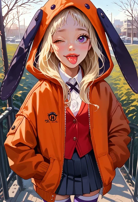 score_9, score_8_up, score_7_up, score_6_up, rating_explicit, realistic, solo focus, a woman, perfect cute face, natural breasts, looking at viewer,
nat, thick lips, 1girl, solo, breasts, ,upper view , , solo, add detailed eyes,portrait , cold soft lighting, well-lit, shiny skin, perfect thin waist, perfect round ass, perfect reflection, perfect lighting, perfect shadows, source_anime, cute 18 year old girl, big eyes, looking at viewer, small breasts, (, Runa, blonde hair, purple eyes, orange hooded jacket, white shirt, animal hood, red blazer, pleated skirt, striped thighhighs, hands in pockets, outdoors, looking at viewer, one eye closed, tongue out,), parted lip, view from side, eye level, cowboy shot, Fixhand.