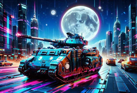 vibrant colors, shiny_skin, prefect lighting, detailed image, snoozing, masterpiece, best quality, highly detailed, ultra quality, 3DMM, glitch, flickering, digital, glitch style,
(tanks, predtank),
On the road, outdoors, neon lights, glowing, city, skyscraper, building, sciencefiction, electricity, night, moon, moonlight,