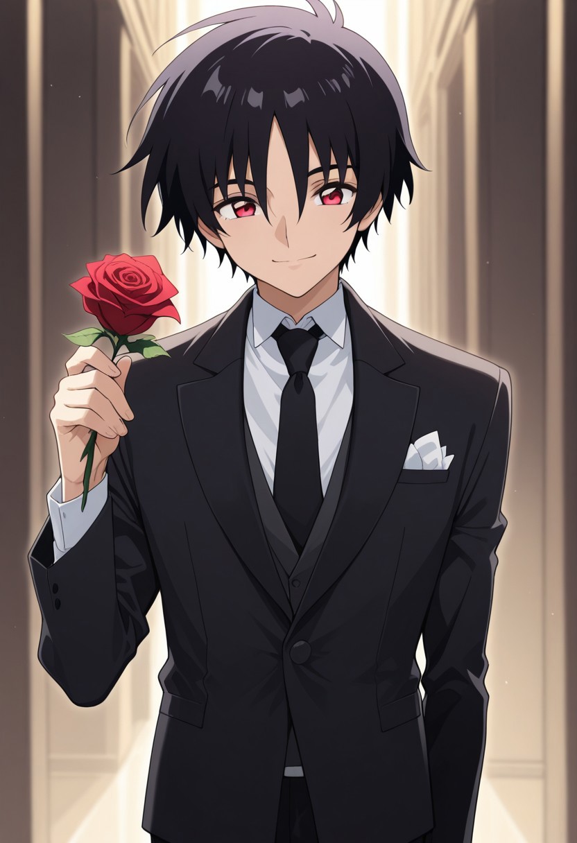masterpiece,best quality,amazing quality, source_anime, 
ShinnAsuka, 1boy, male focus, solo, red eyes, black hair, formal, shirt, white shirt, collared shirt, necktie, black necktie, jacket, black jacket, tuxedo, smile, holding rose,