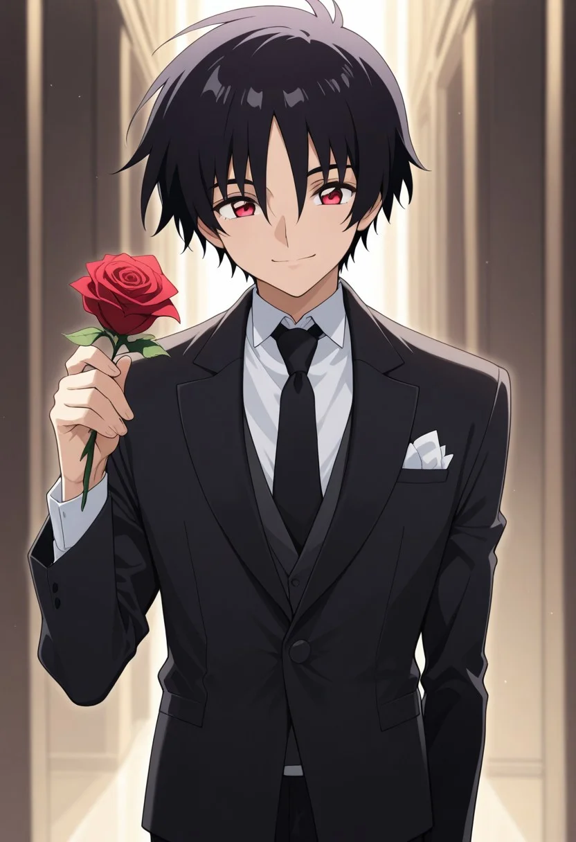 masterpiece,best quality,amazing quality, source_anime,
ShinnAsuka, 1boy, male focus, solo, red eyes, black hair, formal, shirt, white shirt, collared shirt, necktie, black necktie, jacket, black jacket, tuxedo, smile, holding rose,