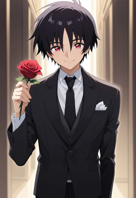 masterpiece,best quality,amazing quality, source_anime,
ShinnAsuka, 1boy, male focus, solo, red eyes, black hair, formal, shirt, white shirt, collared shirt, necktie, black necktie, jacket, black jacket, tuxedo, smile, holding rose,