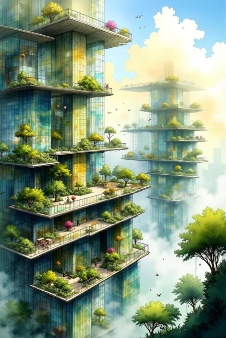 <lora:Watercolor_sketch_v.1:0.9> Watercolorsketch style.  A technical concept design sketch colored with watercolor features a suspended garden atrium, a masterpiece of bio-engineering where cascading terraces overflow with exotic flora, suspended from a network of crystalline walkways. The structure appears to defy gravity, its transparent platforms seamlessly blending into the misty sky, while suspended irrigation orbs cast shimmering reflections across the verdant foliage. The watercolor medium brings the lush, organic textures to life, with soft gradients of emerald, jade, and amethyst merging into a sunlit golden haze filtering through engineered light panels. Fine ink linework highlights the precision of the architectural frameworkâdelicate lattice-like support beams, gravity-fed hydroponic channels, and bioluminescent vines curling around the geometric pathways. The scene is captured from an expansive aerial perspective, showcasing the atrium as a floating oasis against a sky brushed with warm, pastel hues.
